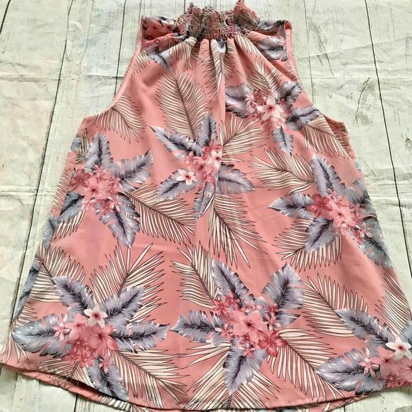 Women's Pink Grey Floral Blouse Sleeveless Size Medium Ruffle Neck Polyester - Picture 1 of 8